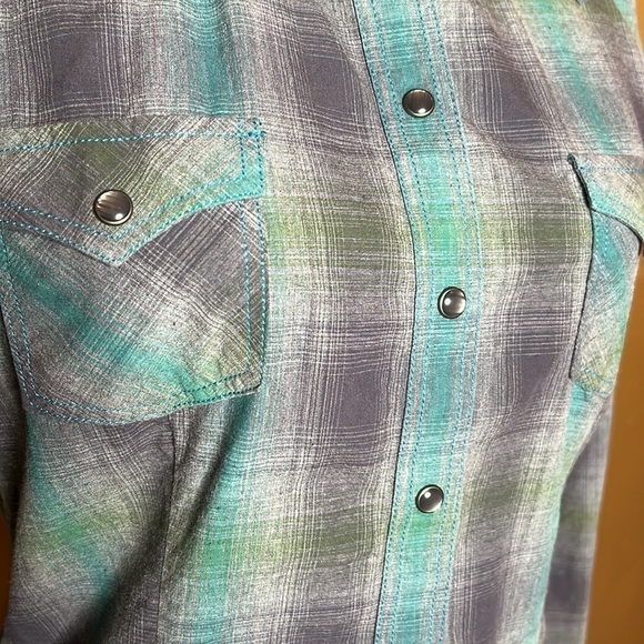 Panhandle Rough Stock Blue Plaid Pearl Snap Western 100% Cotton Top Size Small - Picture 2 of 4